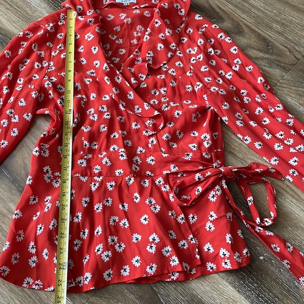 Ganni Silvery Crepe Wrap Red Floral Viscose Blouse Top - Picture 5 of 12
